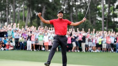 Tiger Woods celebrates winning the 2019 Masters during the final round of the Masters Tournament at Augusta National Golf Club, Sunday, April 14, 2019, in Augusta, Georgia. (Courtesy of The Augusta Chronicle)