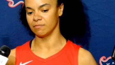 Washington Mystics guard Kristi Toliver speaks with reporters during the team's 2019 media day at the Entertainment and Sports Arena in southeast D.C. on May 6. (John E. De Freitas/The Washington Informer)