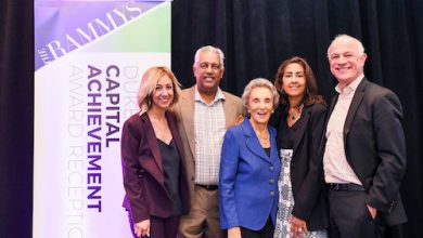From left: Kathy Hollinger, Kamal Ali, Virginia Ali, Sonya Ali and David Moran celebrate Virginia Ali's receipt of the Duke Zeibert Capital Achievement Award for decades of service. (Courtesy of Ana Isabel Photography)